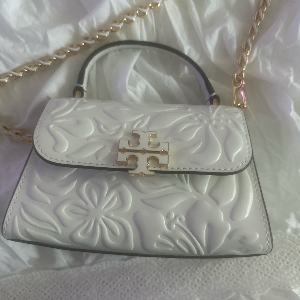 Tory Burch White Embossed Floral Mini Top-Handle Crossbody